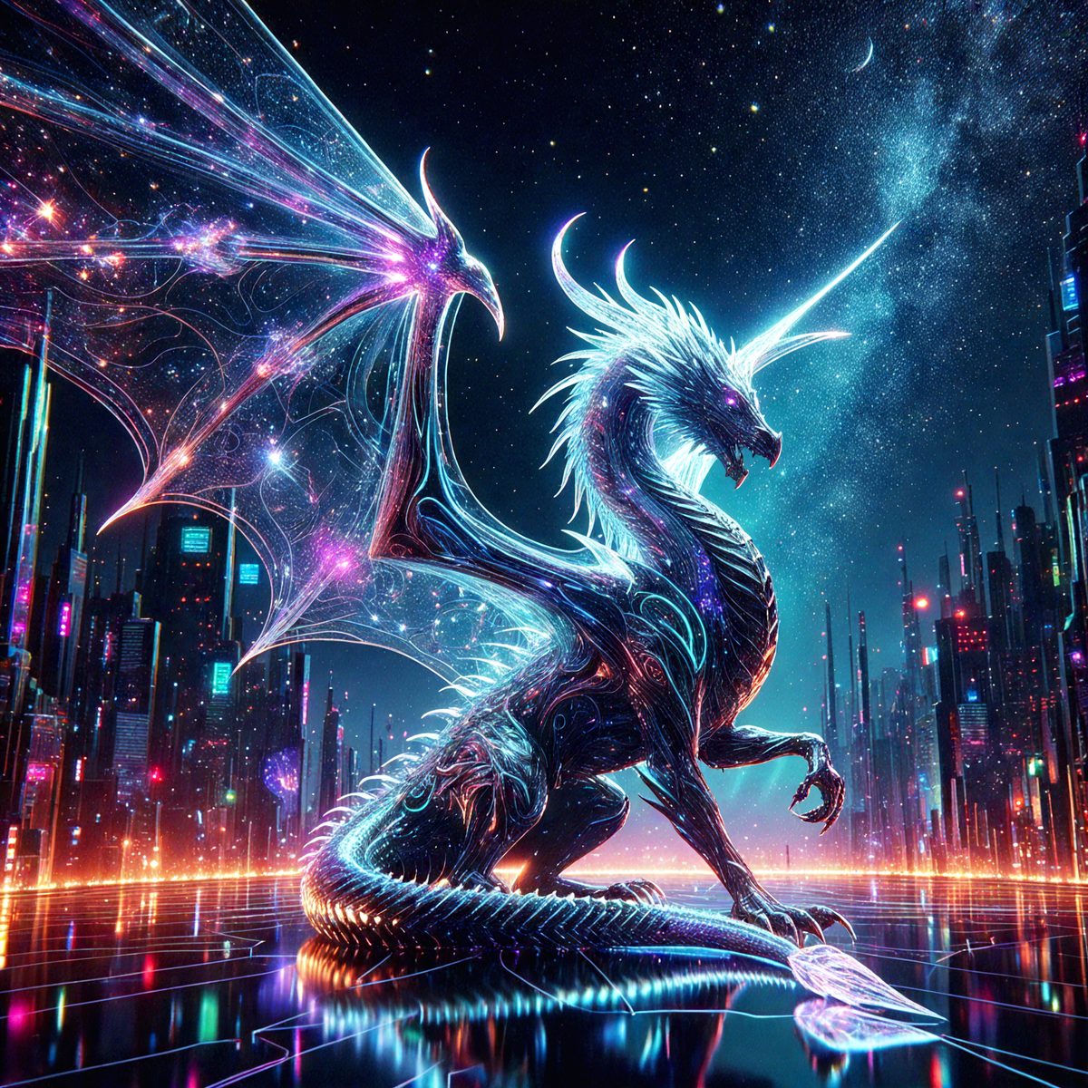 Primary subject: A dragon with a purple mane and horns, sitting on a futuristic city street.

Setting/background: The dragon is sitting on a futuristic city street, surrounded by buildings and neon lights.

Visual style: The image is a digital art or illustration, featuring a dragon as the main subject.

Colors and mood: The dragon has a purple mane and horns, and the overall atmosphere is futuristic and vibrant.